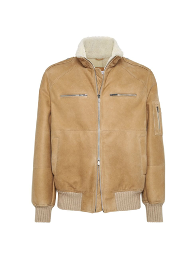 Shop Brunello Cucinelli Men's Textured Suede Shearling Pilot Jacket In Camel