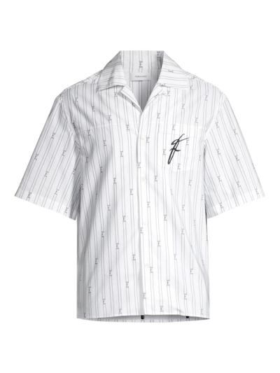 Shop Ferragamo Men's Striped Logo Camp Shirt In Optic White