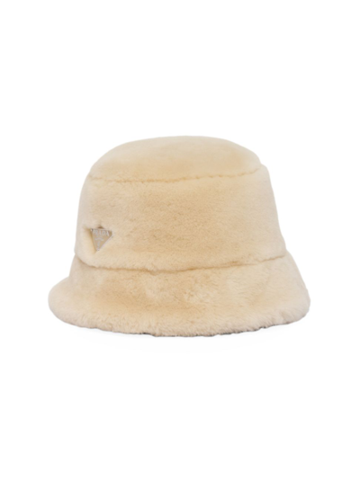 Shop Prada Women's Shearling Bucket Hat In Beige