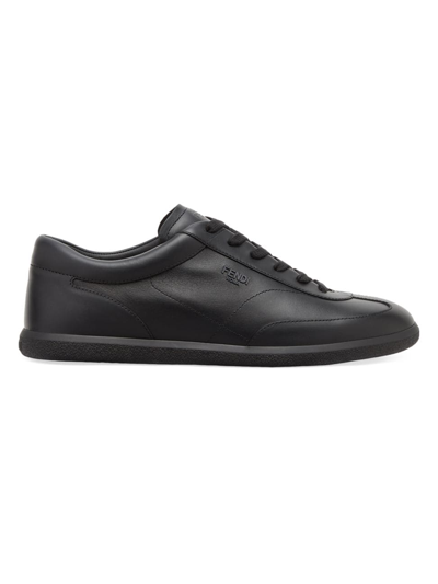Shop Fendi Men's Leather Low-top Sneakers In Black