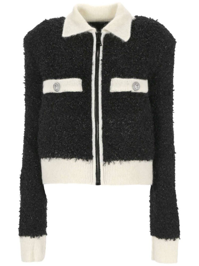 Shop Balmain Zipped Furry Tweed Jacket In Black