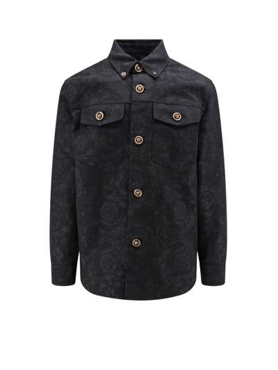 Shop Versace Barocco Jacquard Buttoned Shirt Jacket In Grey