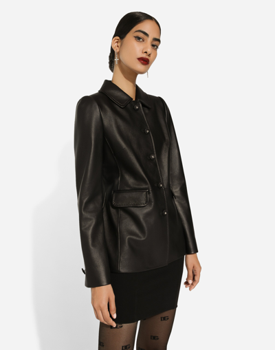 Dolce & Gabbana Button-embossed Leather Jacket In Black