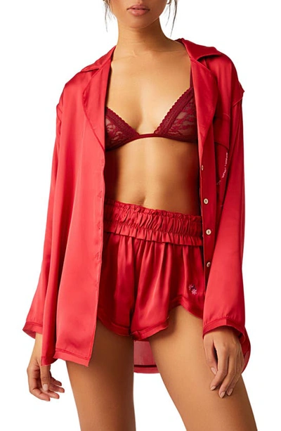Shop Free People Like Honey Long-sleeve Satin Pajama Shirt In Ruby Red
