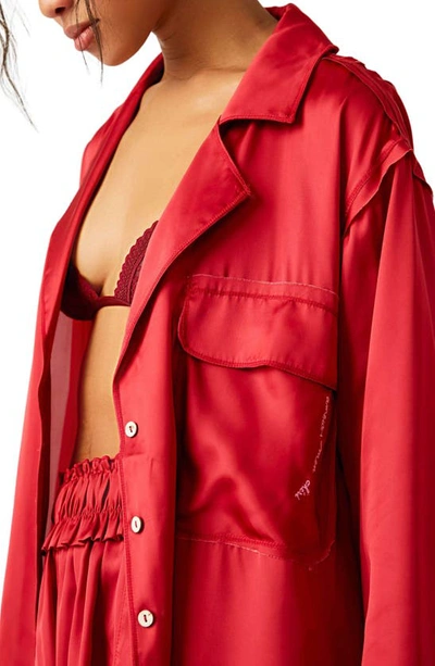Shop Free People Like Honey Long-sleeve Satin Pajama Shirt In Ruby Red