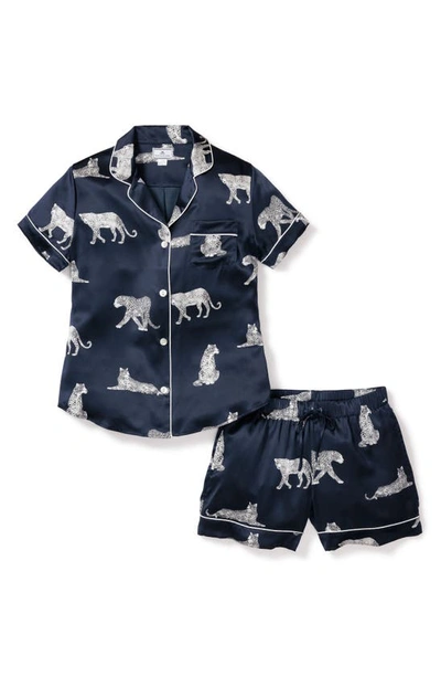 Petite Plume Panthre De Nuit Piped Mulberry Silk Short Pajamas In Navy