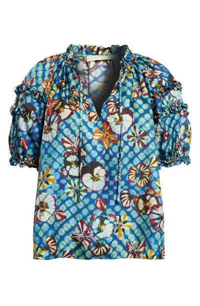 Shop Ulla Johnson Annabelle Floral Print Puff Sleeve Silk Top In Azul