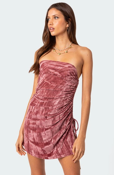 Edikted Drawstring Detail Strapless Crushed Velvet Minidress In Pink