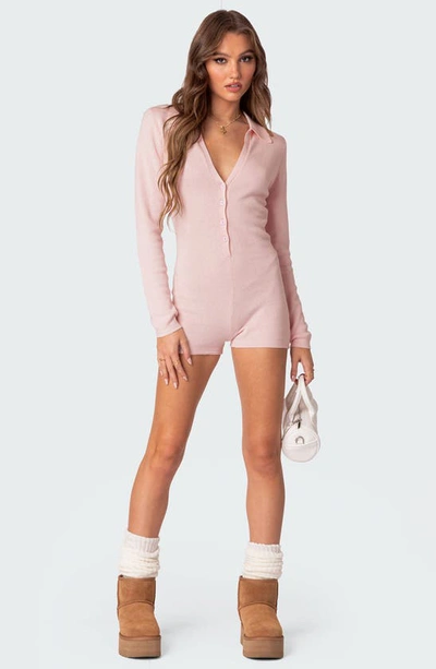 Shop Edikted Lillian Long Sleeve Cotton Romper In Light-pink