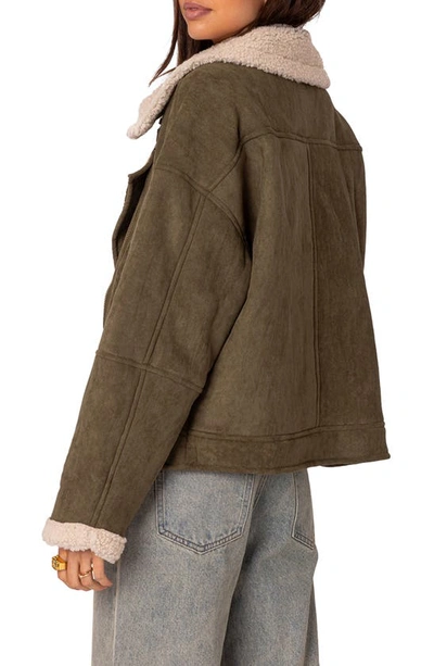 Edikted Women's Faux Suede Shearling Oversized Jacket In Olive