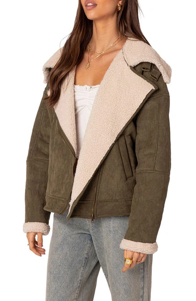 Edikted Women's Faux Suede Shearling Oversized Jacket In Olive