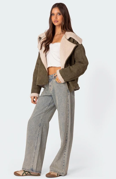 Edikted Women's Faux Suede Shearling Oversized Jacket In Olive