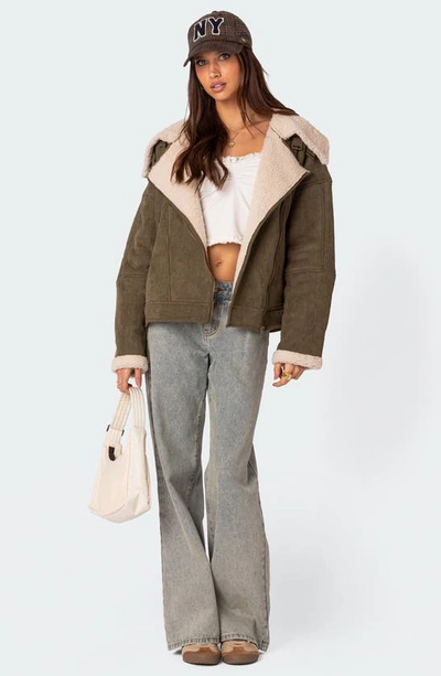 Shop Edikted Oversize Faux Shearling & Faux Suede Jacket In Olive