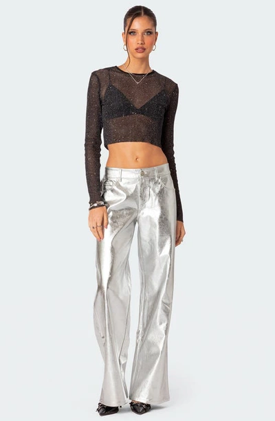Edikted Marly Sequin Sheer Crop Top In Black