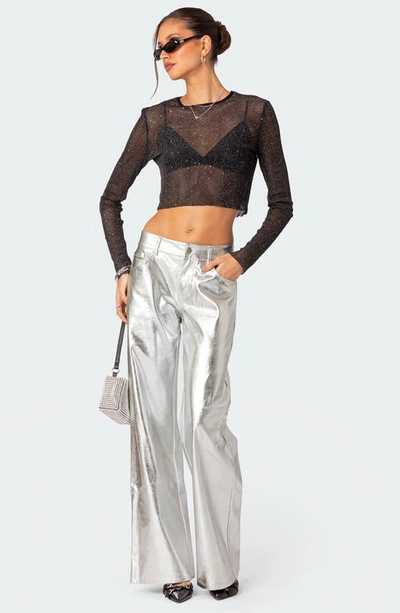 Edikted Marly Sequin Sheer Crop Top In Black