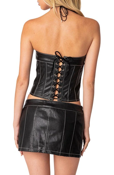 Edikted Moss Faux Leather Lace-up Corset Top In Black