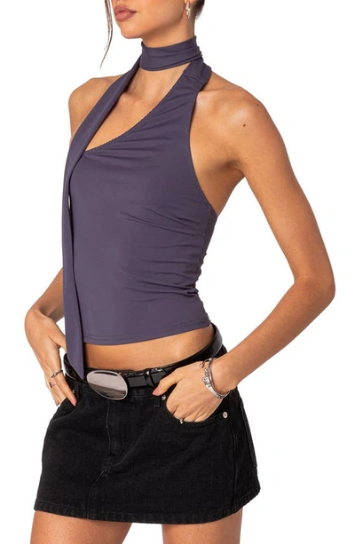 Edikted Melony One Shoulder Scarf Neck Knit Top In Purple