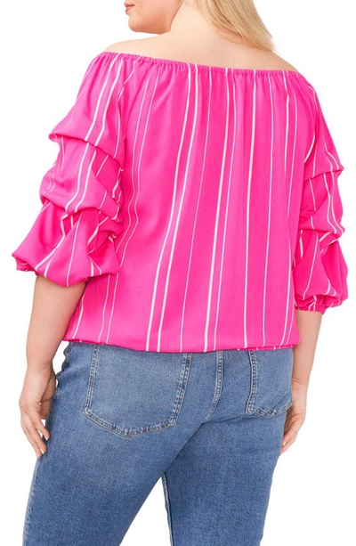 Shop Vince Camuto Stripe Balloon Sleeve Off The Shoulder Blouse In Hot Pink