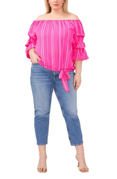 Shop Vince Camuto Stripe Balloon Sleeve Off The Shoulder Blouse In Hot Pink