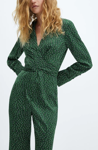 Shop Mango Wrap Waist V-neck Long Sleeve Jumpsuit In Green