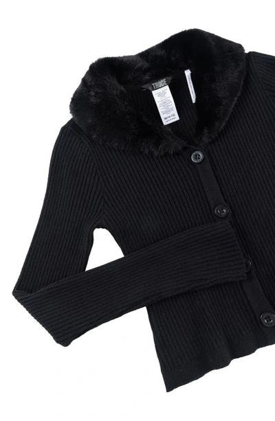 Truce Kids' Faux Fur Collar Rib Cardigan In Black