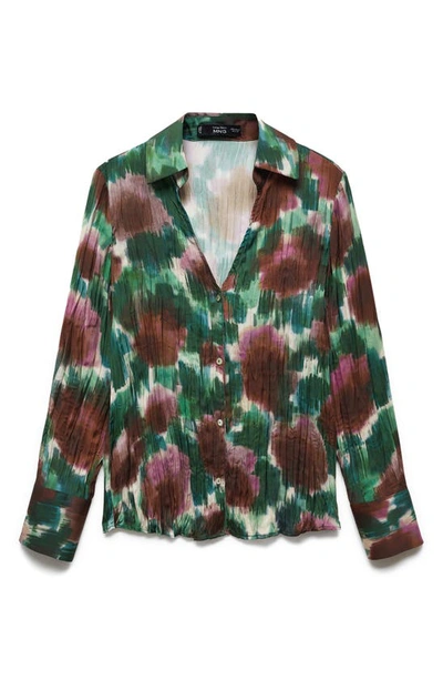 Mango Abstract Print Long Sleeve Button-up Top In Green