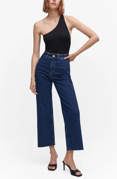 Shop Mango High Waist Raw Hem Wide Leg Crop Jeans In Dark Blue