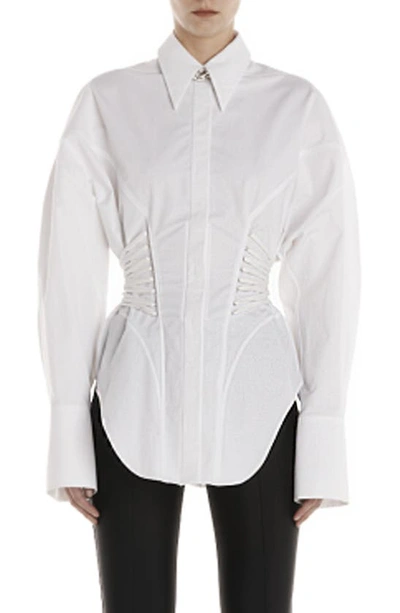Shop Mugler Corset Waist Cotton Poplin Button-up Shirt In Blanc Optique