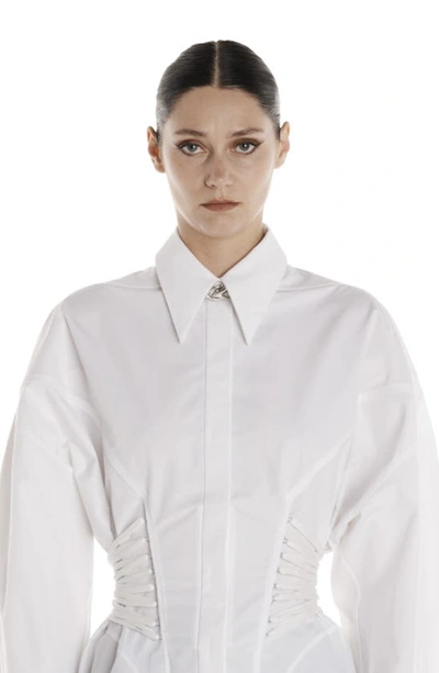 Shop Mugler Corset Waist Cotton Poplin Button-up Shirt In Blanc Optique