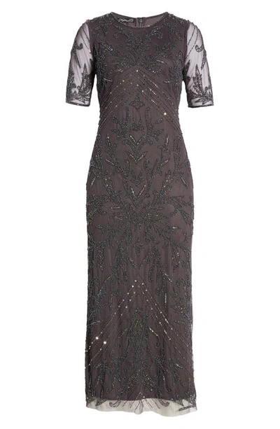 Shop Pisarro Nights Beaded Tulle Column Gown In Slate