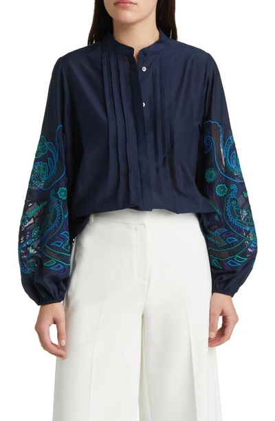 Shop Kobi Halperin Embroidered Silk Organza Shirt In Midnight Blue