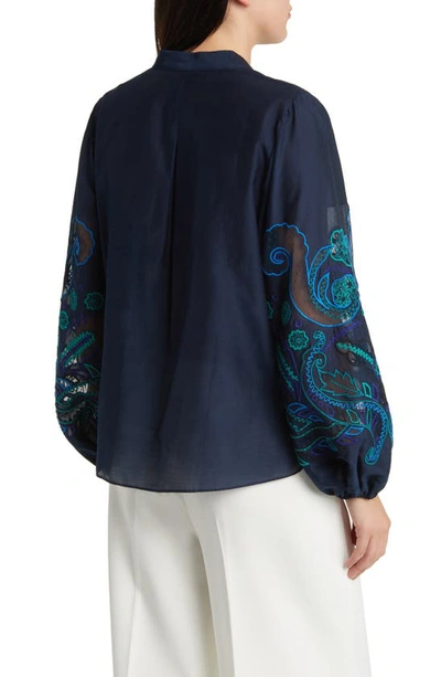 Shop Kobi Halperin Embroidered Silk Organza Shirt In Midnight Blue
