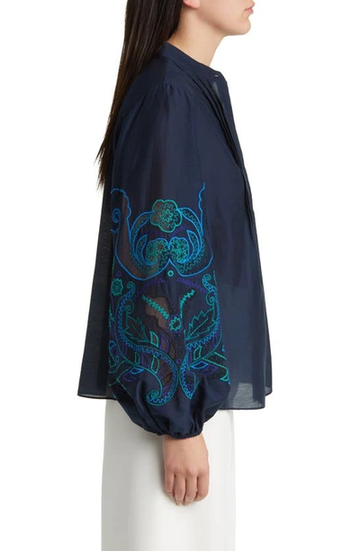 Shop Kobi Halperin Embroidered Silk Organza Shirt In Midnight Blue
