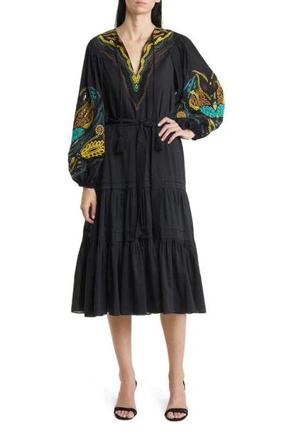 Shop Kobi Halperin Embroidered Long Sleeve Tiered Cotton & Silk Dress In Black