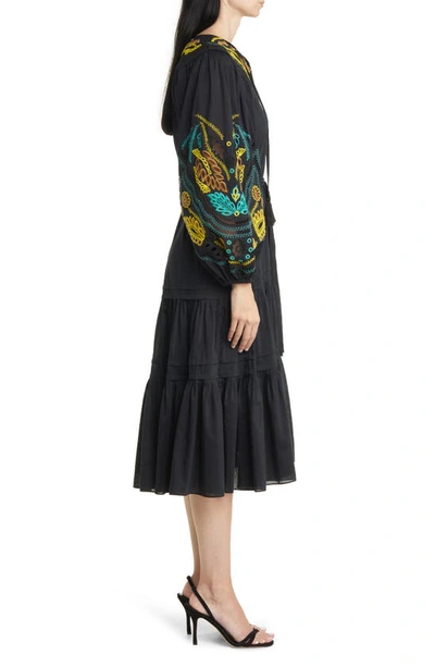 Shop Kobi Halperin Embroidered Long Sleeve Tiered Cotton & Silk Dress In Black