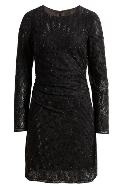 Shop Kobi Halperin Inverse Sequin Ruched Long Sleeve Lace Minidress In Black