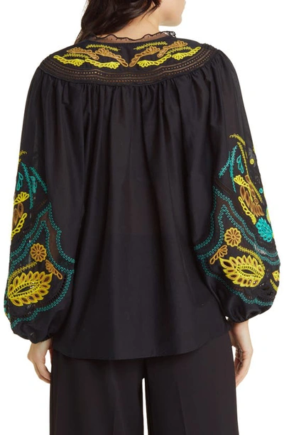 Shop Kobi Halperin Embroidered Cotton & Silk Peasant Top In Black