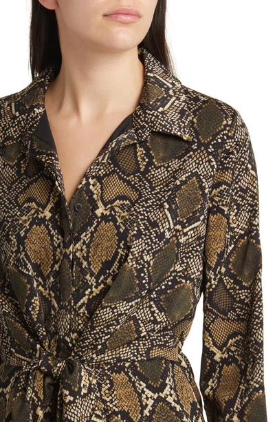 Shop Kobi Halperin Snakeskin Print Front Tie Long Sleeve Shirtdress In Natural Multi