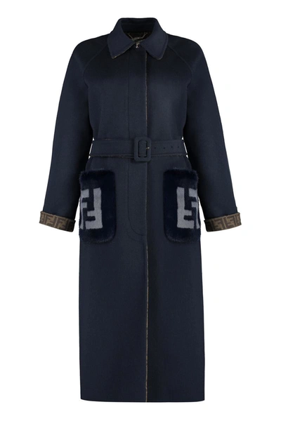 Shop Fendi Wool Coat In Blue