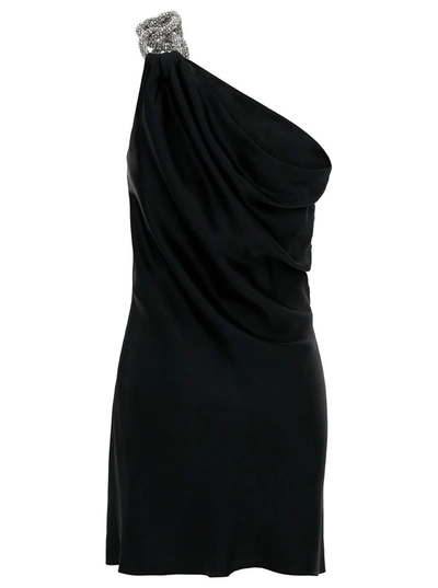 Shop Stella Mccartney Black One-shoulder Mini Dress With Crystal Chain In Double Satin Woman