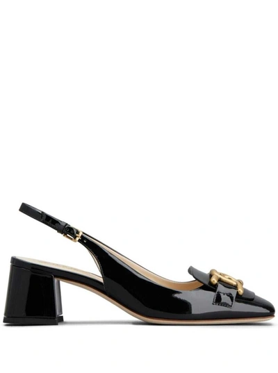Shop Tod's 'kate' Black Slingback Pumps With Chain Detail In Patent Leather Woiman