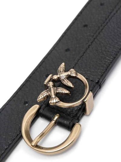 Shop Pinko Black Belt With Love Birds Diamond Cut Detail In Hammered Leather Woman