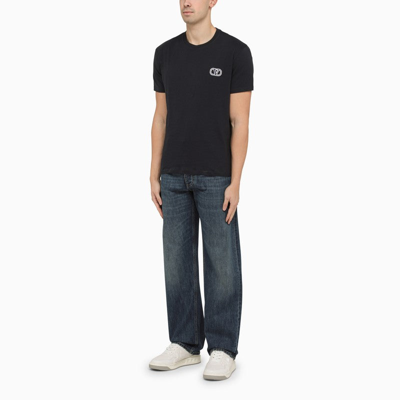 Shop Valentino Crew-neck Navy Blue Cotton T-shirt With Logo Men