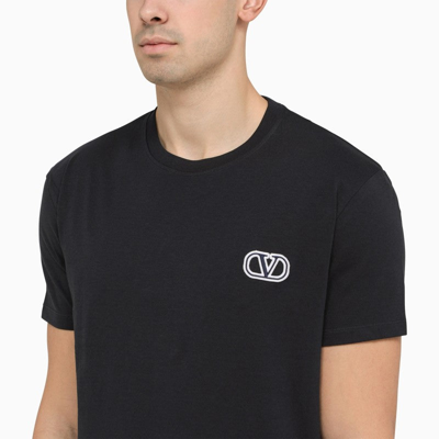 Shop Valentino Crew-neck Navy Blue Cotton T-shirt With Logo Men