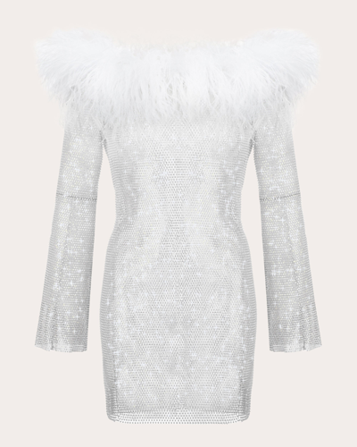 Shop Santa Brands Women's Rhinestone Feather Off-shoulder Mini Dress In White