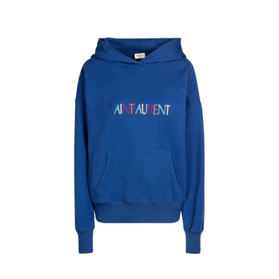 Shop Saint Laurent Logo Hooded Sweatshirt In Blue