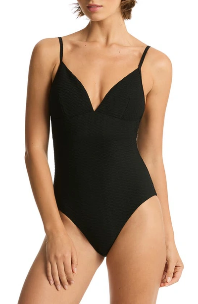Shop Sea Level Honeycomb One-piece Swimsuit In Black