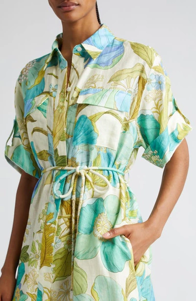 Shop Alemais Janis Floral Print Belted Linen Midi Shirtdress In Blue