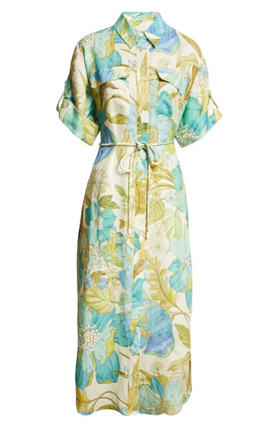 Shop Alemais Janis Floral Print Belted Linen Midi Shirtdress In Blue