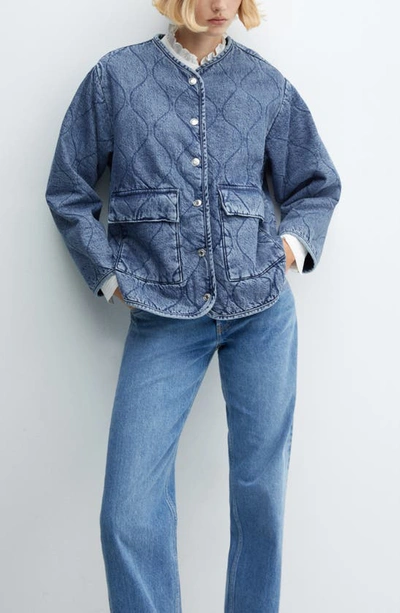Shop Mango Quilted Collarless Denim Jacket In Medium Blue